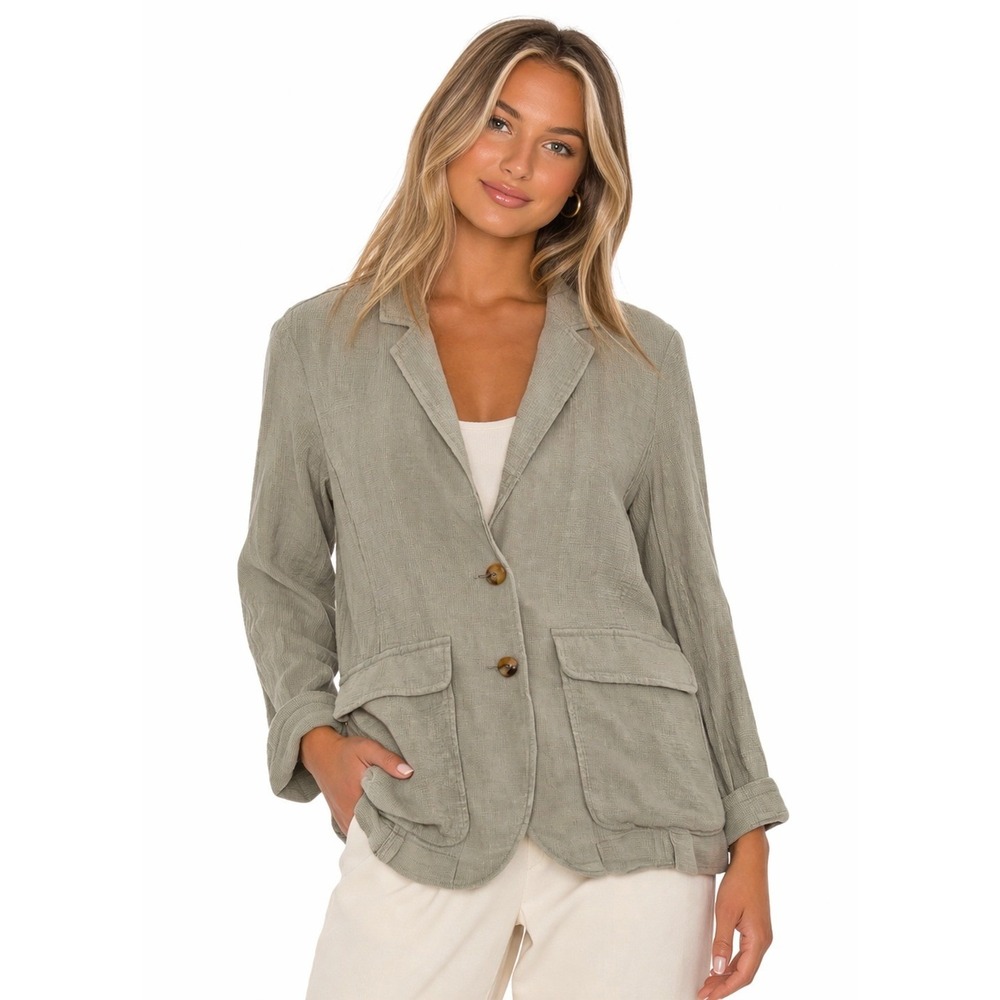 Madewell Textured Cotton Linen Casual Blazer Beige Green XS Two Button Pocket